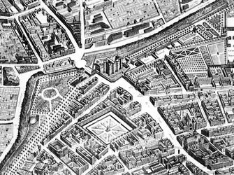 La Bastiglia, la Place Royale ora Place des Vosges e la Rue Saint-Antoine (dettaglio dal Piano di Parigi, noto come il Piano di Turgot)